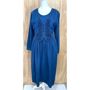 Carol Anderson denim dress vest VTG USA made cotton peasant country women 8P